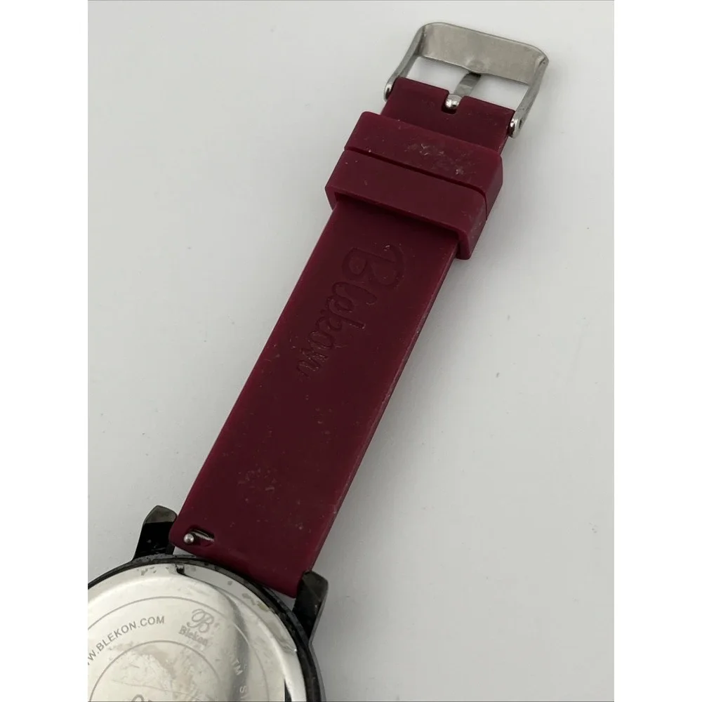 Blekon Watch Men 38mm Black‎ Case Maroon Silicone Band- New Battery